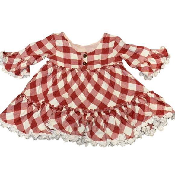 Matilda Jane Red Gingham Ruffle Dress Size 2 Lace Trim Long Sleeve Twirl - Picture 2 of 5